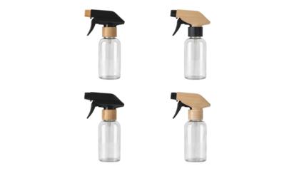 Eco-friendly cleaning sprays with wooden accents for a minimalist aesthetic, perfect for sustainable living and natural home care solutions isolated on white or transparent png.