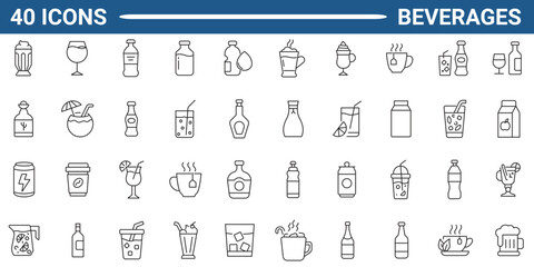 Set of 40 outline icons related to beverages. Linear icon collection. Editable stroke. Vector illustration