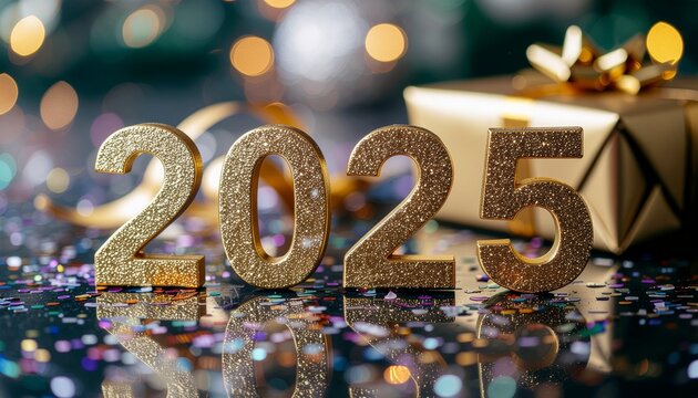 Sparkling golden 2025 numbers and gift box create a festive New Year's Eve celebration with confetti and bokeh lights