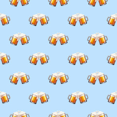 Seamless Beer Clinking Mugs Pattern on Light Blue Background. Digital Paper for Party, Pub, or Social Media Theme