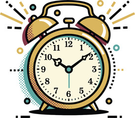 Retro Alarm Clock Time Wake Up Icon: Vintage Bell Clock Ringing for Morning, Schedule, Deadline, Time Management, Appointment, and Reminder Concepts in Pop Art Style.