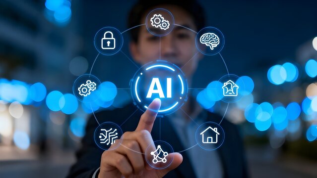 A visualization of human interaction with AI technology as a central control point. The surrounding icons represent data security, machine learning, and smart home automation, demonstrating AI's integ