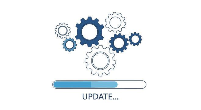 Dynamic gears engage with progress bar signaling software update, representing technological advancement and system improvement