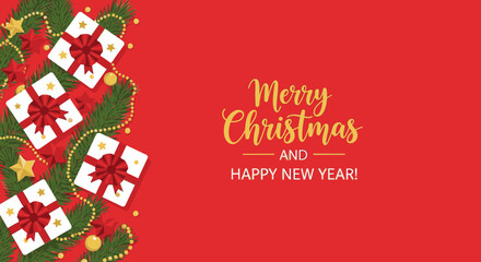 Joyful holiday celebration unfolds with festive gifts, shimmering ornaments, and elegant Merry Christmas and Happy New Year greetings