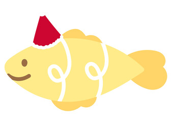 Pastel yellow fish wearing Santa hat for Christmas and New Year illustration, sea life, under the sea, animal, festive winter, sticker, aquarium, ocean, animal, cartoon character, cute patch, toy, pin