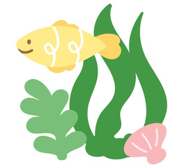 Pastel yellow fish, seashell, coral reef for sea lives, animals, aquarium, souvenir shop, cartoon character, comic, mascot, cute patch, shirt print, plush toy, kid doll, brooch, under the sea, sticker