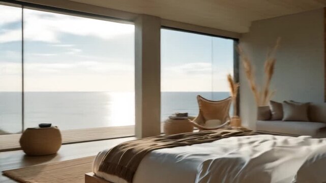 Modern bedroom interior with ocean view and natural light
