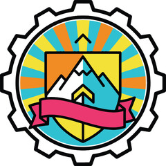 Outdoor Gear Adventure Industry Emblem: Mountain Shield with Arrow and Banner Inside a Gear Shape for Exploration, Business, Engineering, Manufacturing, and Travel.