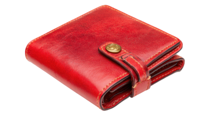  Red leather purse with sleek design, stitched details, and compact stylish shape, fashion accessory isolated on white background