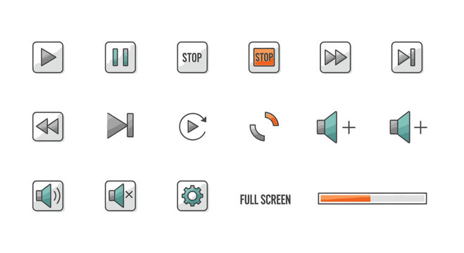 Modern UI media player icons collection offering intuitive control for digital content playback and volume adjustment