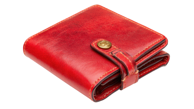  Red leather purse with sleek design, stitched details, and compact stylish shape, fashion accessory isolated on white background