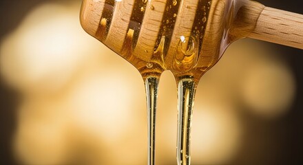 Golden honey dripping from a wooden dipper, a sweet natural treat.