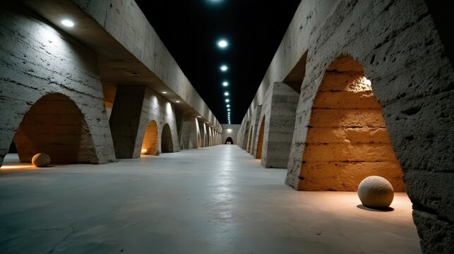 A spacious modern industrial hall featuring long arched structures and soft ambient lighting creates an intriguing atmosphere, perfect for artistic events and exhibitions.