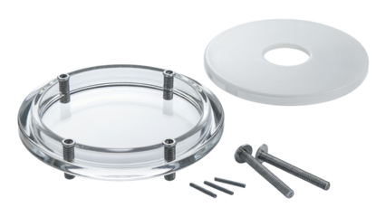 Professional clear acrylic component with metal screws and white cap assembly for modern engineering and industrial design projects isolated on white or transparent png.