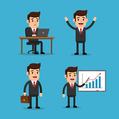 Cartoon Businessman in Various Poses Illustrating Work Life.