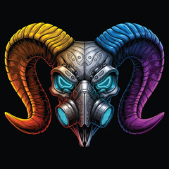Cyberpunk Ram Skull with Gas Mask and Rainbow Horns.