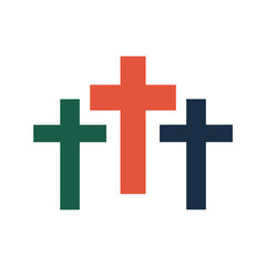 Obraz premium Three crosses stand against a white background, representing faith and spirituality.