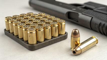 Collection of brass ammunition rounds for pistol, showcasing their shiny surfaces and detailed craftsmanship, alongside firearm, evoking sense of precision and readiness