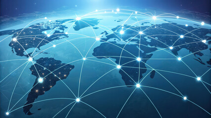 Digital representation of global network, showcasing interconnected nodes across continents, symbolizing communication and data exchange. image evokes sense of connectivity and technological