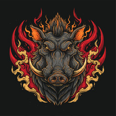 Fierce Boar Head with Fiery Aura - A Symbol of Strength and Wildness.