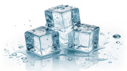 Fresh ice cubes glisten with water droplets, resting on reflective surface. melting ice creates serene atmosphere, evoking sense of coolness and refreshment