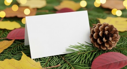 Blank card with pine cone and autumn leaves on a festive background.
