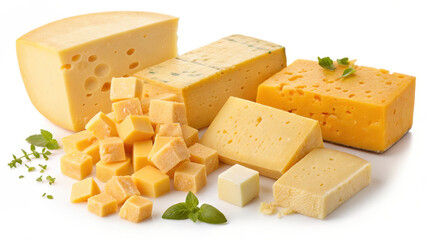 Delicious assortment of cheese varieties including cubes and blocks, showcasing different textures and colors, perfect for culinary creations or cheese platters
