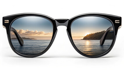 Classic black sunglasses with front view, reflecting serene sunset over ocean, evoke sense of calm and style. Perfect for summer days by beach