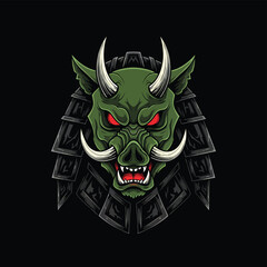 Green Boar Samurai Mask with Red Eyes and Sharp Tusks.