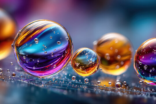 Colorful bubbles floating on a reflective surface