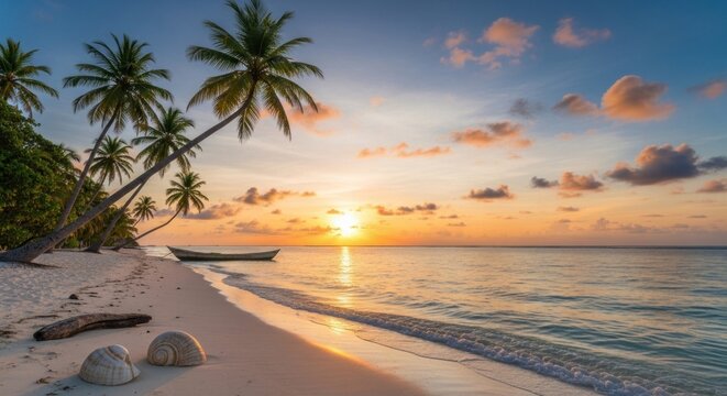 A serene tropical beach at sunset with palm trees, a boat, and seashells on the sand. - Powered by Adobe