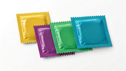 Colorful condom wrappers in various vibrant shades, including yellow, purple, green, and blue, arranged neatly on white background. These wrappers symbolize safety and protection