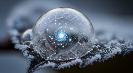 close-up of a frozen bubble with ice crystals and a digital art galaxy swirl inside for science articles, fantasy book covers, winter themed websites, and metaphysical blogs