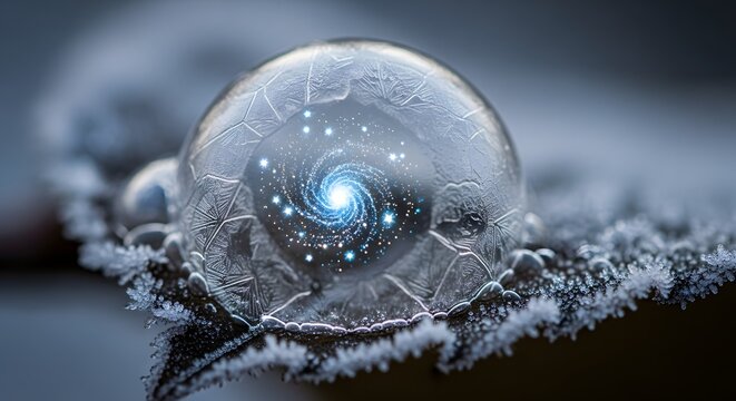 close-up of a frozen bubble with ice crystals and a digital art galaxy swirl inside for science articles, fantasy book covers, winter themed websites, and metaphysical blogs