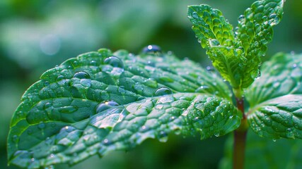 Closeup of vibrant green mint leaves covered in fresh dewdrops showcasing the natural beauty and refreshing essence of the herb in a garden setting perfect for themes of nature freshness and organic .