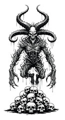 Monstrous Skull Figure with Horns and Pile of Skulls.