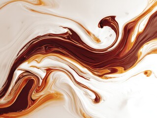 A flowing pattern of chocolate liquid, creating an abstract background with rich brown and orange hues on a white canvas.