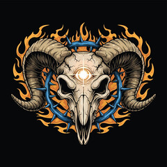 Ram Skull with Flames and Spiked Ring Illustration.