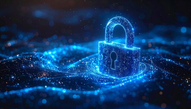 Luminous blue padlock icon atop a textured surface with glowing specks on a dark background, creating depth