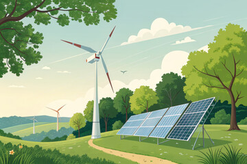 Eco friendly energy solution featuring solar panels and wind turbines in lush green landscape. This illustration captures harmony between nature and renewable energy sources