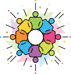 Fototapeta premium Diversity Teamwork Inclusion Icon: Colorful Group of People Figures in a Circle Symbolizing Community, Global Unity, Partnership, Collaboration, Corporate Team, and Social Network