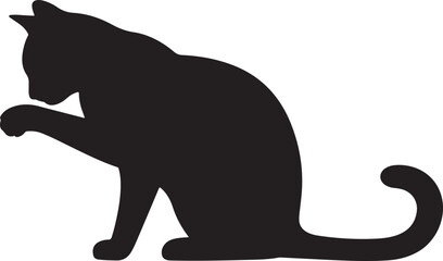 Black silhouette of a cat grooming its paw in profile view animal
