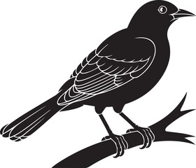 Black silhouette of a bird with detailed wings perched on a branch white