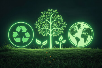 Eco friendly symbols featuring glowing green tree, recycling icon, and Earth illustration represent sustainability and environmental awareness. This design emphasizes importance of protecting our