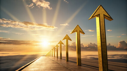 Golden arrows symbolize ambition and progress, pointing towards bright future under radiant sunrise. scene evokes feelings of hope and determination