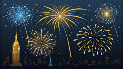 Fireworks display over city skyline featuring iconic buildings, creating festive atmosphere. vibrant colors of blue and gold sparkles illuminate night sky, celebrating joy and excitement