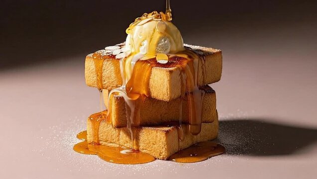 A stack of golden toast topped with a scoop of ice cream and drizzled with delicious syrup