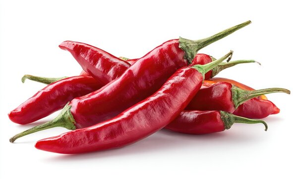Close-up of a pile of ripe, red chili peppers with green stems, isolated on white - Powered by Adobe