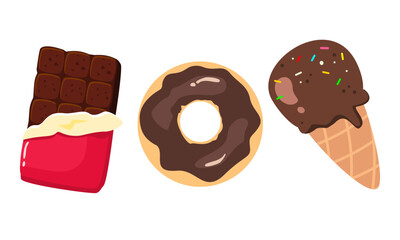 Chocolate snack set. Chocolate bar, donut, and ice cream. Delicious and sweet dessert