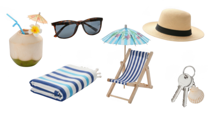 Collection of summer beach vacation essentials isolated on transparent background